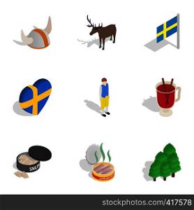 Symbols of Sweden icons set. Isometric 3d illustration of 9 symbols of Sweden vector icons for web. Symbols of Sweden icons set, isometric 3d style