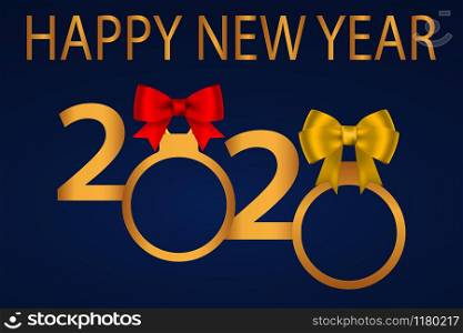 Symbols of the beginning of the new 2020 year.Bows with balls and numbers on a dark background.. Symbols of the beginning of the new 2020 year.