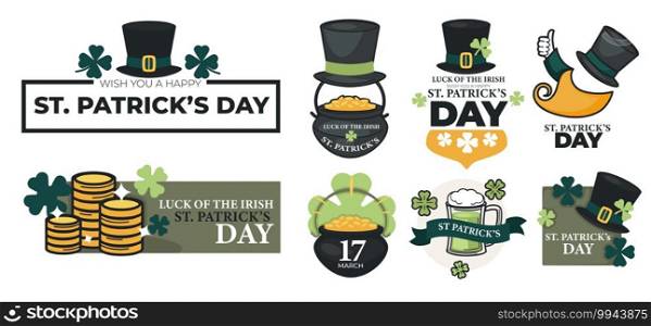Symbols of traditional irish holiday, saint patricks day celebration in march. Spring event in UK, cauldron with money golden coins and shamrock leaves, black big top hats. Vector in flat style. Saint patrick day, symbols of irish holiday vector