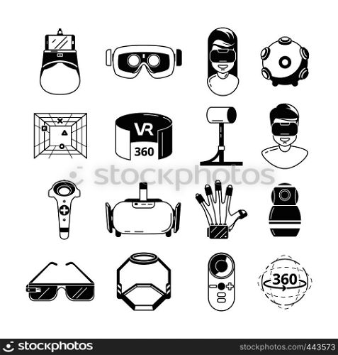 Symbols of virtual reality. Game panoramic in 3d rotation. Vr glasses and other tools. Vector monochrome illustrations. Virtual video simulation panoramic, panorama rotate gaming sphere. Symbols of virtual reality. Game panoramic in 3d rotation. Vr glasses and other tools. Vector monochrome illustrations