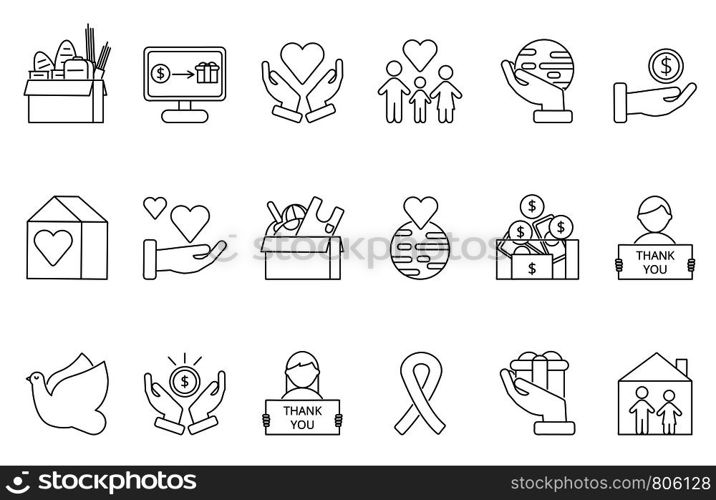 Symbols of volunteers and charities organisations. Monolines icons set. Vector donate money, giving and support, nonprofit voluntary illustration. Symbols of volunteers and charities organisations. Monolines icons set