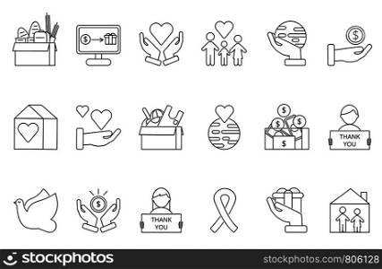 Symbols of volunteers and charities organisations. Monolines icons set. Vector donate money, giving and support, nonprofit voluntary illustration. Symbols of volunteers and charities organisations. Monolines icons set