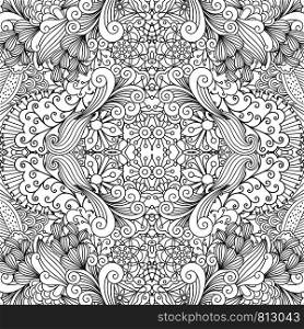 Symmetric ethnic outline black and white ornamental pattern with flowers and swirls. Vector illustration. Symmetric outline ornamental floral pattern