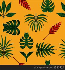 Symmetrical composition of tropical flowers and green leaves on a yellow background. Seamless vector wallpaper pattern