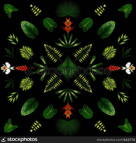 Symmetrical geometric circular pattern composition of tropical plants and flowers. Natural wallpaper on a dark green background