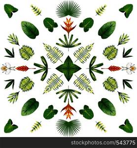 Symmetrical geometric circular pattern composition of tropical plants and flowers. Natural wallpaper on a white background