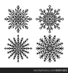 Symmetrical ice crystals made up of lines, circles and triangles, colorless vector illustration isolated on white. Snowflakes set with frozen items. Symmetrical Ice Crystals Made up of Lines, Circles