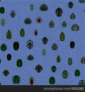 Symmetrical leaves on a blue line abstract background. Seamless pattern wallpaper