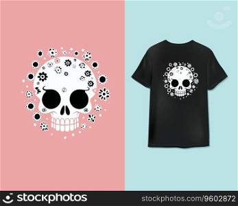 Symmetrical Skull Design Surrounded by Flowers on T-Shirt