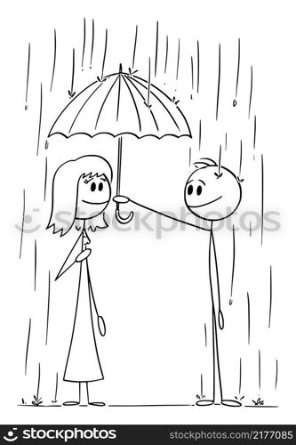 Sympathetic man or≥nt≤man helps wet woman on rain offering his umbrella, vector cartoon stick figure or character illustration.. Sympathetic Gent≤man With Umbrella Helps Woman in Rain , Vector Cartoon Stick Figure Illustration