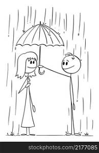 Sympathetic man or≥nt≤man helps wet woman on rain offering his umbrella, vector cartoon stick figure or character illustration.. Sympathetic Gent≤man With Umbrella Helps Woman in Rain , Vector Cartoon Stick Figure Illustration
