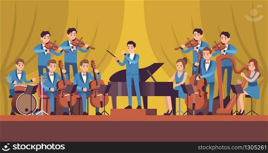Symphony Orchestra. Classical music concert, conductor and musicians with instruments violin, flute and cello, trumpet and harp vector entertainment concept. Symphony Orchestra. Classical music concert, conductor and musicians with instruments violin, flute and cello, trumpet and harp vector concept