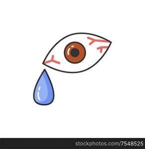 Symptom of allergic reaction, bloodshot human eye isolated icon vector. Drop of tear and red capillary, problems with health and allergy of person. Symptom of Allergic Reaction, Bloodshot Human Eye