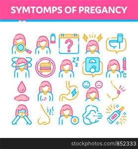 Symptomps Of Pregancy Element Vector Icons Set. Fatigue And Nausea, Food Aversion And Frequent Urination, Constipation And Faintness Symptomps Of Pregancy Pictograms. Color Contour Illustrations. Symptomps Of Pregancy Element Vector Icons Set