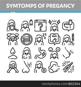 Symptomps Of Pregancy Element Vector Icons Set. Fatigue And Nausea, Food Aversion And Frequent Urination, Constipation And Faintness Symptomps Of Pregancy Pictograms. Black Contour Illustrations. Symptomps Of Pregancy Element Vector Icons Set