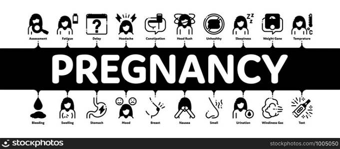 Symptomps Of Pregnancy Minimal Infographic Web Banner Vector. Fatigue And Nausea, Food Aversion And Frequent Urination, Constipation And Faintness Symptomps Of Pregnancy Pictograms. Illustration. Symptomps Of Pregnancy Infographic Banner Vector