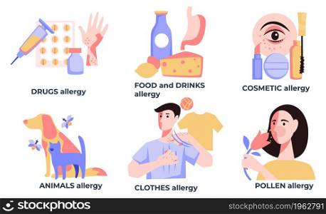 Symptoms and reasons for allergy and allergic reaction. Drugs and cosmetic products, food and drinks, animals and clothes, pollen and plants. Sickness and healthcare measure. Vector in flat style. Allergy and allergic reaction with symptoms vector