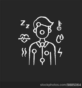 Symptoms chalk white icon on black background. High blood pressure reading. Fever determination. Anonymous health checkup. Life-threatening signs. Isolated vector chalkboard illustration. Symptoms chalk white icon on black background