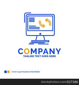 synchronization, sync, information, data, computer Blue Yellow Business Logo template. Creative Design Template Place for Tagline.