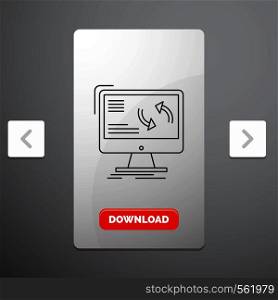 synchronization, sync, information, data, computer Line Icon in Carousal Pagination Slider Design & Red Download Button. Vector EPS10 Abstract Template background