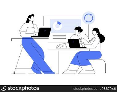 Synchronized access isolated cartoon vector illustrations. Group of people discussing plans together, synchronized access app, smart classes, data visualization, online learning vector cartoon.. Synchronized access isolated cartoon vector illustrations.