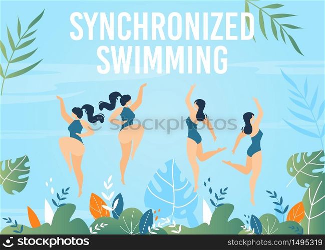Synchronized Swimming Courses Advertising Flat Banner. Water Sport. Cartoon Professional Women Athletes Team Showing Sports Elements and Tricks in Pool. Exotic Plant Leaves Design. Vector Illustration. Synchronized Swimming Courses Advertising Banner