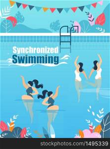 Synchronized Swimming Courses Vertical Flat Banner. Various Cartoon Female Swimmers Characters Swimming in Different Ways. Training Lesson Invitation Flyer. Water Sport. Vector Illustration. Synchronized Swimming Courses Vertical Flat Banner