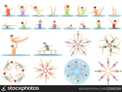 Synchronized swimming icons set cartoon vector. Swim sport. Aquatic championship. Synchronized swimming icons set cartoon vector. Swim sport