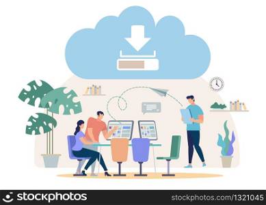 Synchronizing, Sharing, Backup Files with Online Cloud Service Flat Vector Concept. Office Workers, Company Employee Working on Computer, Sending Project Files to Colleague Illustration. Distant Work