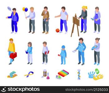 Syndrome down icons set isometric vector. Childcare disability. Disabled education. Syndrome down icons set isometric vector. Childcare disability