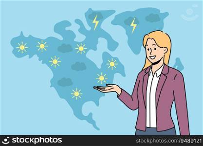 Synoptic woman gives weather forecast, participating in TV show after evening news release and talks about imminent warming. Girl synoptic speaking at television reminds of climate change. Synoptic woman gives weather forecast, participating in TV show after evening news release