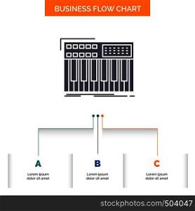 synth, keyboard, midi, synthesiser, synthesizer Business Flow Chart Design with 3 Steps. Glyph Icon For Presentation Background Template Place for text.. Vector EPS10 Abstract Template background