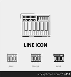synth, keyboard, midi, synthesiser, synthesizer Icon in Thin, Regular and Bold Line Style. Vector illustration. Vector EPS10 Abstract Template background