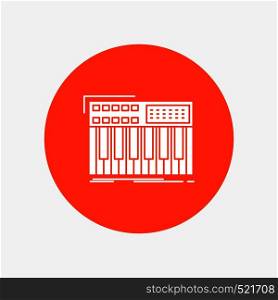synth, keyboard, midi, synthesiser, synthesizer White Glyph Icon in Circle. Vector Button illustration. Vector EPS10 Abstract Template background