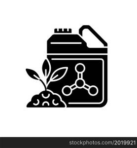 Synthetic fertilizers black glyph icon. Inorganic substance for feeding plants. Chemical feeding and supplement for crops. Silhouette symbol on white space. Vector isolated illustration. Synthetic fertilizers black glyph icon