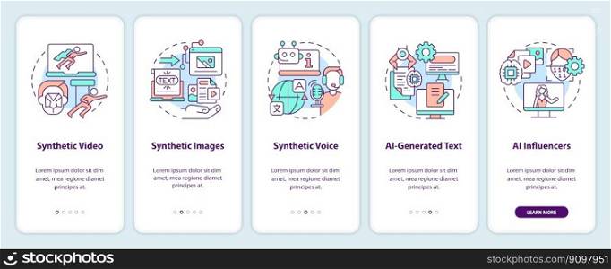 Synthetic media types onboarding mobile app screen. VR walkthrough 5 steps editable graphic instructions with linear concepts. UI, UX, GUI template. Myriad Pro-Bold, Regular fonts used. Synthetic media types onboarding mobile app screen