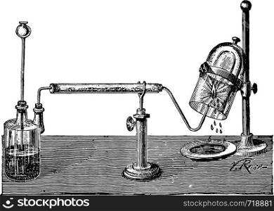 Synthetic water by the combustion of hydrogen, vintage engraved illustration. Industrial encyclopedia E.-O. Lami - 1875.