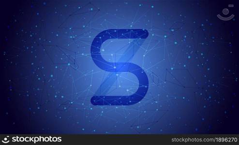 Synthetix Network Token SNX symbol of the DeFi project cryptocurrency theme on a blue polygonal background. Cryptocurrency logo icon. Decentralized finance programs. Vector EPS10.