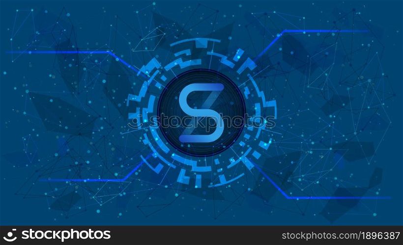 Synthetix Network Token symbol of the DeFi project in a digital circle with a cryptocurrency theme on a blue background. SNX cryptocurrency icon. Decentralized finance programs. Copy space. EPS10.