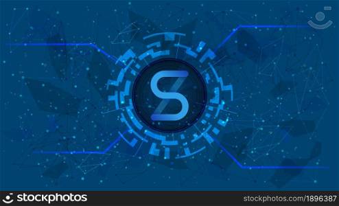 Synthetix Network Token symbol of the DeFi project in a digital circle with a cryptocurrency theme on a blue background. SNX cryptocurrency icon. Decentralized finance programs. Copy space. EPS10.