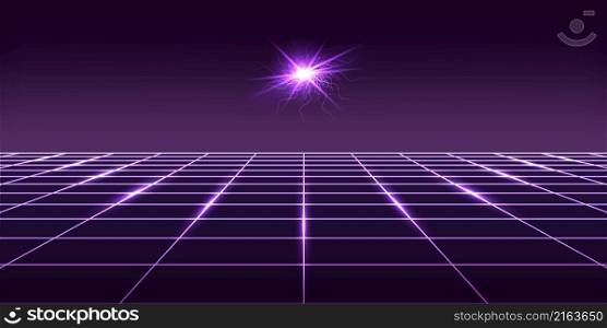 Synthwave background. Perspective 3d grid, neon glowing light effect. Galaxy space with supernova star explosion. Purple vaporwave, retro 80s disco style. Abstract vector illustration