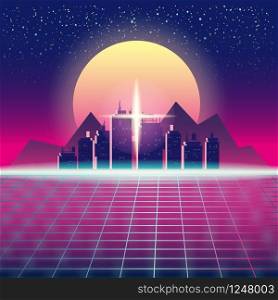 Synthwave Retro Futuristic Landscape With City. Synthwave Retro Futuristic Landscape With City, Sun, Stars And Styled Laser Grid. Neon Retrowave Design And Elements Sci-fi 80s 90s Space. Vector Illustration Template Isolated Background