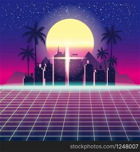 Synthwave Retro Futuristic Landscape With City. Synthwave Retro Futuristic Landscape With City Palms, Sun, Stars And Styled Laser Grid. Neon Retrowave Design And Elements Sci-fi 80s 90s Space. Vector Illustration Template Isolated Background