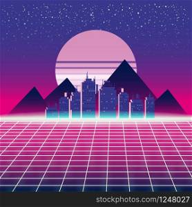 Synthwave Retro Futuristic Landscape With City. Synthwave Retro Futuristic Landscape With City, Sun, Stars And Styled Laser Grid. Neon Retrowave Design And Elements Sci-fi 80s 90s Space. Vector Illustration Template Isolated Background