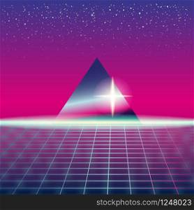 Synthwave Retro Futuristic Landscape With Pyramids And Styled Laser Grid. Synthwave Retro Futuristic Landscape With Pyramids And Styled Laser Grid. Neon Retrowave Design And Elements Sci-fi 80s 90s Space. Vector Illustration Template Isolated Background
