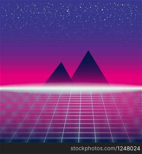 Synthwave Retro Futuristic Landscape With Pyramids And Styled Laser Grid. Synthwave Retro Futuristic Landscape With Pyramids And Styled Laser Grid. Neon Retrowave Design And Elements Sci-fi 80s 90s Space. Vector Illustration Template Isolated Background