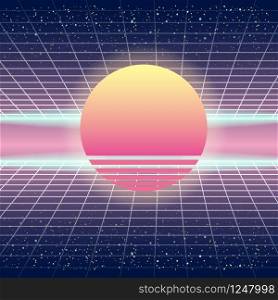 Synthwave Retro Futuristic Landscape With Sun And Styled Laser Grid. Synthwave Retro Futuristic Landscape With Sun And Styled Laser Grid. Neon Retrowave Design And Elements Sci-fi 80s 90s Space. Vector Illustration Template Isolated Background