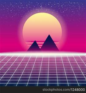 Synthwave Retro Futuristic Landscape With Sun And Styled Laser Grid. Synthwave Retro Futuristic Landscape With Pyramids Sun And Styled Laser Grid. Neon Retrowave Design And Elements Sci-fi 80s 90s Space. Vector Illustration Template Isolated Background