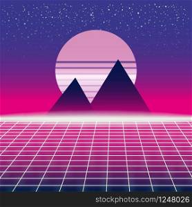 Synthwave Retro Futuristic Landscape With Sun And Styled Laser Grid. Synthwave Retro Futuristic Landscape With Pyramids Sun And Styled Laser Grid. Neon Retrowave Design And Elements Sci-fi 80s 90s Space. Vector Illustration Template Isolated Background