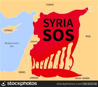Syria Crisis Sos. Refugee. War Victims. Syria country map silhouette in blood red color with the words Syria SOS. War victim immigration. Civil war in Syria. Syrian refugees in the form of blood. Syrian crisis emigrants. Syria refugee.